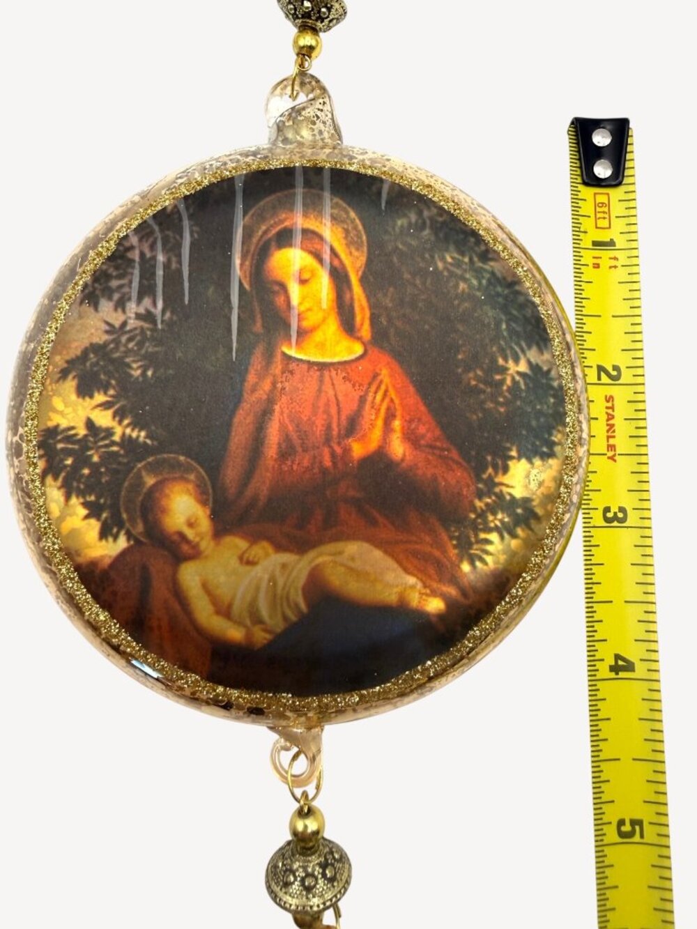 Vintage Blown Glass Ornaments Christmas Mary Jesus Gold Glitter Beads Set of 5 - Picture 2 of 9